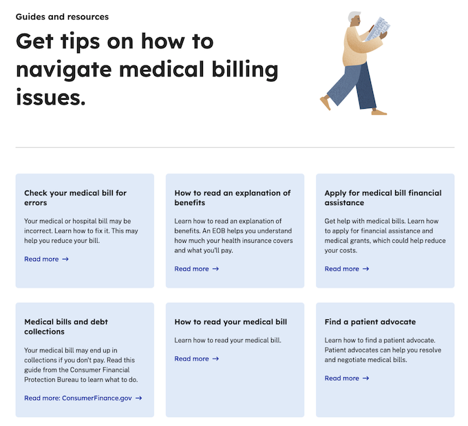 A screenshot of the guides and resources page from http://www.cms.gov/medical-bill-rights with various how-to’s and options for assistance.