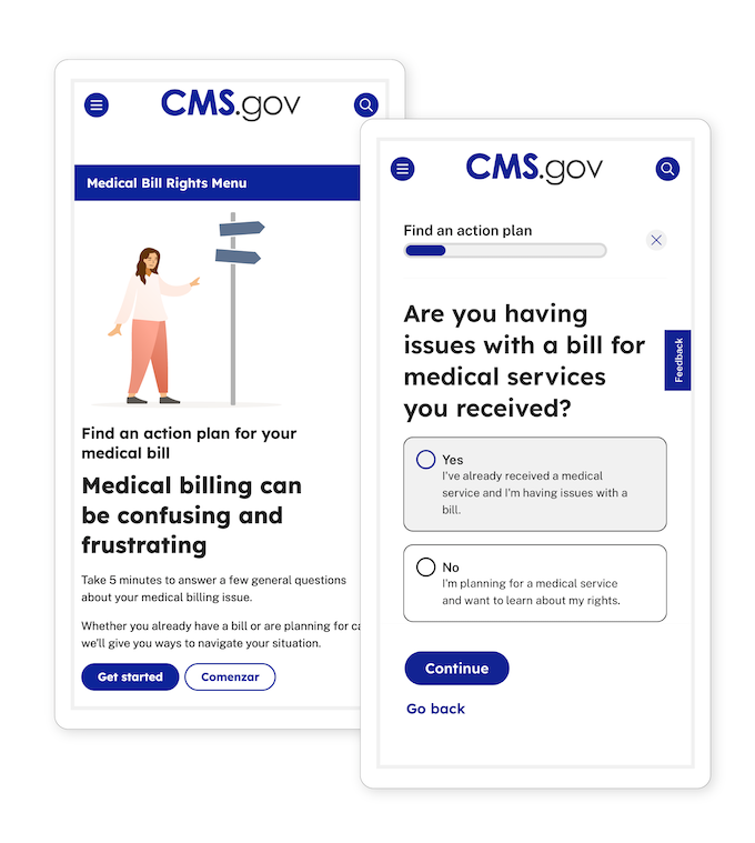 Two side-by-side screenshots of pages in the mobile version of http://www.cms.gov/medical-bill-rights. One shows the start of understanding medical billing rights and the other some options for a person’s next steps.